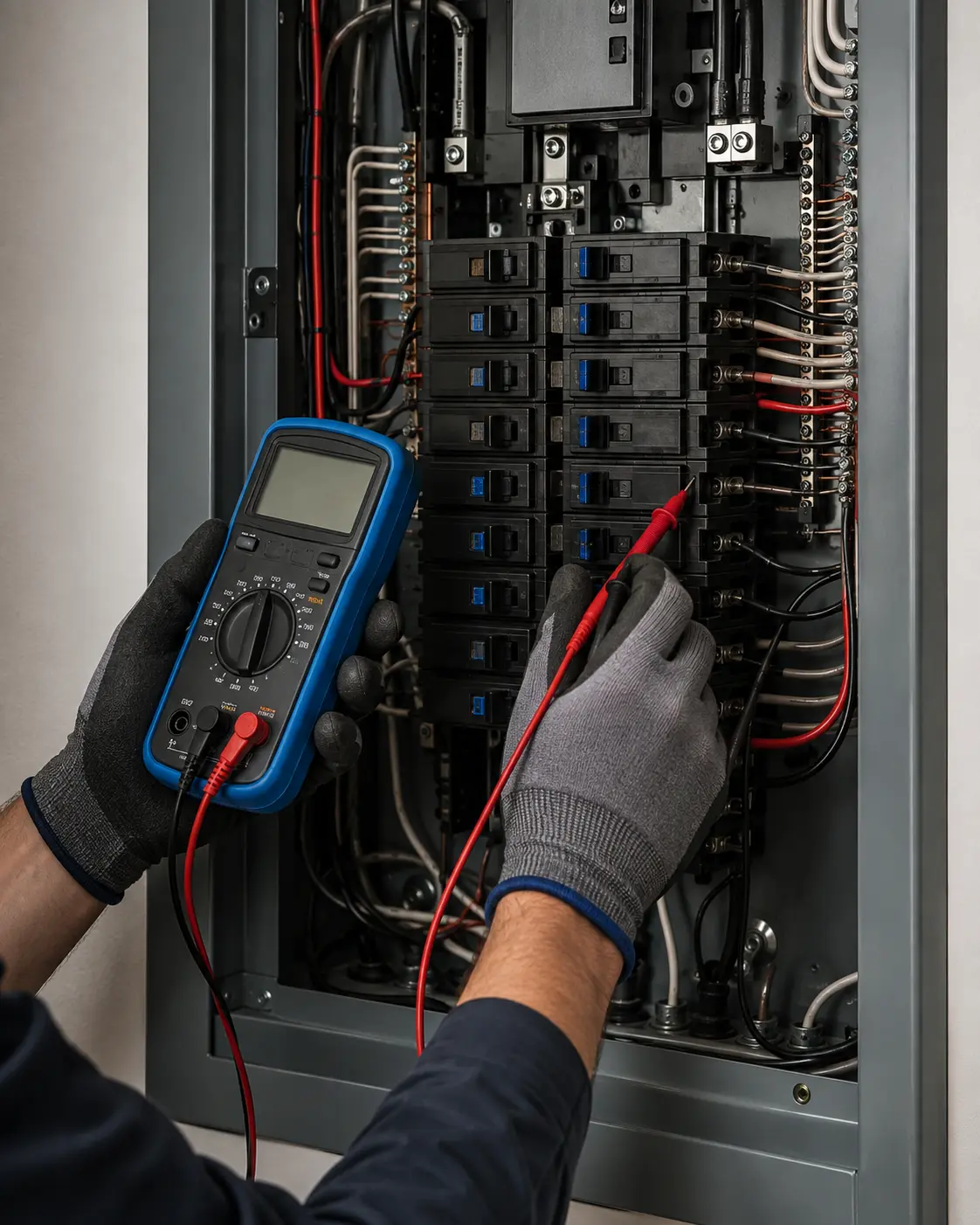 Electrician testing an electrical panel with a multimeter